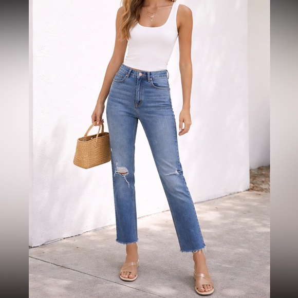 Zara Denim - Zara Straight Leg Ankle-Length Distressed Blue Jeans Size 8